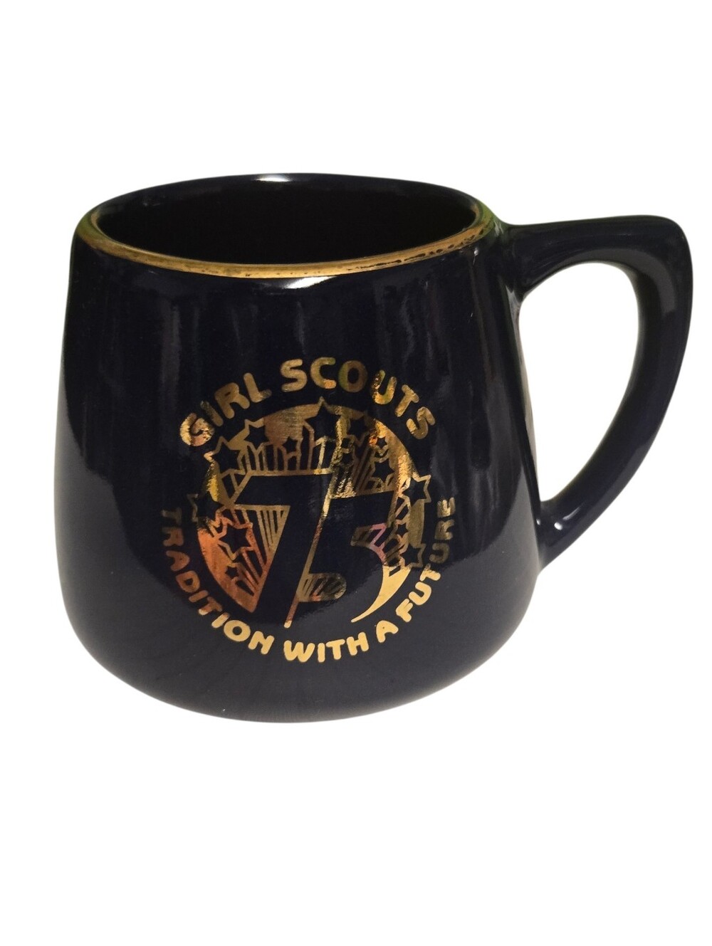 Vintage Girl Scouts 75th Anniversary Mug Deep Cobalt Gold Trim